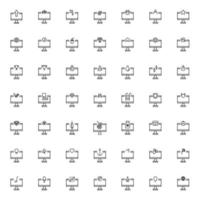 Line icon set with vector symbols of computer with arrow, star, user, flame, home, gear and other signs inside. Suitable for articles, books, banners, web sites, stores, shop etc