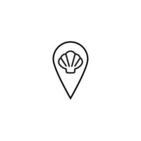 Vector symbol drawn with black thin line. Simple monochrome sign perfect for articles, books, stores, shops. Line icon of seashell inside of geolocation sign