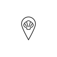 Vector symbol drawn with black thin line. Simple monochrome sign perfect for articles, books, stores, shops. Line icon of seashell inside of geolocation sign