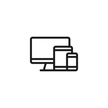 Electronic devices concept. Monochrome illustration drawn with thin line. Perfect for internet resources, stores, books, banner. Line icon of computer, tablet, smartphone vector