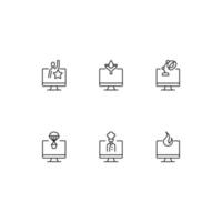 Modern monochrome symbols for web sites, apps, articles, stores, adverts. Editable strokes. Vector icon set with icon of man, star, funnel, lamp, balloon, fire, chef on computer monitor