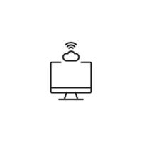 Item on pc monitor. Outline sign suitable for web sites, apps, stores etc. Editable stroke. Vector monochrome line icon of cloud and internet waves on computer monitor