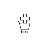 venta, compra, concepto de compras. signo vectorial adecuado para sitios web, tiendas, tiendas, artículos, libros. trazo editable. icono de línea de cruz médica en carrito de compras vector