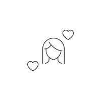 Romance and love concept. Outline sign drawn in flat style. Line icon of faceless woman with long hair surrounded by simple small hearts vector