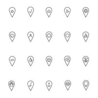 Line icon set with vector monochrome outline symbols of checkmark, house, cursor, gear, star, user, cross, heart, flame, cube inside of geolocation sign