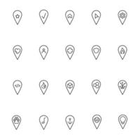 Line icon set with vector monochrome outline symbols of checkmark, house, cursor, gear, star, user, cross, heart, flame, cube inside of geolocation sign