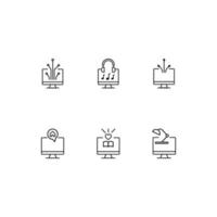 Modern monochrome symbols for web sites, apps, articles, stores, adverts. Editable strokes. Vector icon set with icon of algorithm, headphones, fireworks, house, love, story, book, lamp on computer