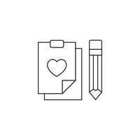 Romance and love concept. Outline sign drawn in flat style. Line icon of heart on theatre or movie script next to pencil vector