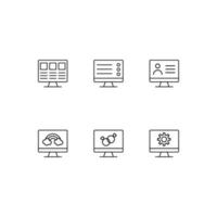 Modern monochrome symbols for web sites, apps, articles, stores, adverts. Vector icon set with icon of web site, resource, social network, rainbow, wedding rings, gear, cogwheel on computer