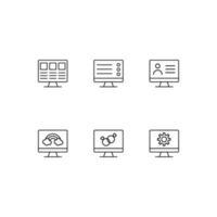 Modern monochrome symbols for web sites, apps, articles, stores, adverts. Vector icon set with icon of web site, resource, social network, rainbow, wedding rings, gear, cogwheel on computer