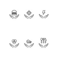 Charity and philanthropy concept. Modern vector outline symbols drawn with thin line. Line icon collection. Icons of hamburger, target, lightning, intersected circles, house, kitchen over opened hands