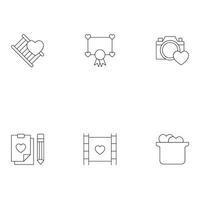 Romance, dating and love concept. Outline symbols of various things next to heart. Line icons of heart by ladder, award, photo camera, plot on paper, film, pan vector