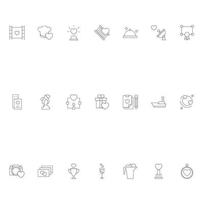 Romance, love and dating concept. Collection of signs drawn with thin line. Editable strokes. Line icons of various icons next to hearts