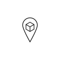 Vector symbol drawn with black thin line. Simple monochrome sign perfect for articles, books, stores, shops. Line icon of cube inside of geolocation sign