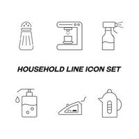 Household and daily routine concept. Collection of modern outline monochrome icons in flat style. Line icon set of salt shaker, coffee machine, water sprinkler, liquid soap, flat iron, kettle vector