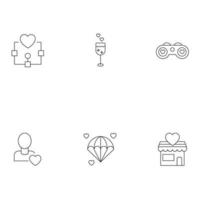 Romance, dating and love concept. Outline symbols of various things next to heart. Line icons of algorithm, binocular, glass, parachute, store, person vector