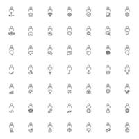 Collection of black and white vector icons of faceless user next to flame, funnel, chemical compound, star, gear, jewel, checkmark, house, heart, progress bar etc