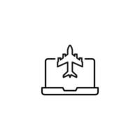 Simple black and white illustration drawn with thin line. Perfect for advertisement, internet shops, stores. Editable stroke. Vector line icon of airplane on laptop monitor