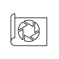 Vector outline symbol suitable for internet pages, sites, stores, shops, social networks. Editable stroke. Line icon of lens blade on paper sheet