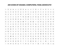 Big set of 300 icons drawn with thin line. Editable strokes in moder flat style. Vector line icons of computers, houses, food, items on hand etc