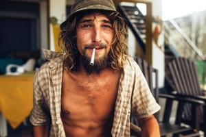 The guy smokes a cigarette photo