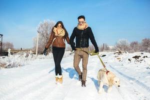Young couple in love walking with dog photo