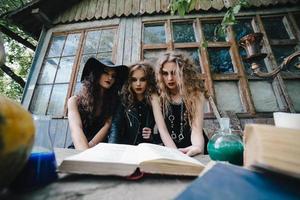 Three vintage witches perform magic ritual photo