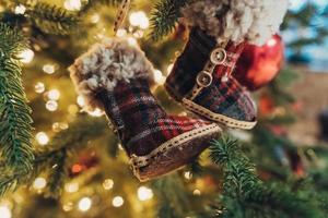 Close-up of Christmas tree branches with decorations photo