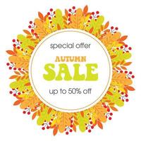 Autumn leaves round frame on white background. Autumn sale banner. Fall design for advertisement vector