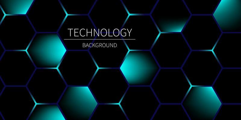 Dark and turquoise color glow background with hexagon shape for high technology, innovation and cyberspace concept.