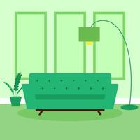 sala de estar en tonos verdes con sofá vector