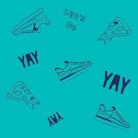 zapatos de dibujo a mano con pizza y otros elementos de objeto patrón sin fisuras aislado sobre fondo azul cielo. diseño para usar papel de envolver de fondo en toda la impresión de tela textil y otros vector