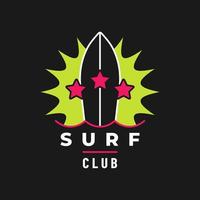 Stylish banner with surf club, vector illustration isolated on black background