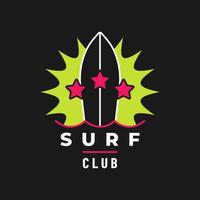 Stylish banner with surf club, vector illustration isolated on black background