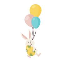 personaje de conejito. volando y sonriendo en tres globos divertido, feliz conejo de dibujos animados de pascua con huevo vector