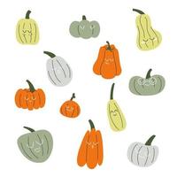 Collection of cute hand drawn pumpkins with faces and emotions. Happy, sad, angry, relaxed. Vector stock isolated on white background.