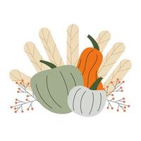 Autumn card with three hand drawn pumpkins and twigs with berries. Postcard for autumn time and thanksgiving day. Vector stock illustration isolated on white background.