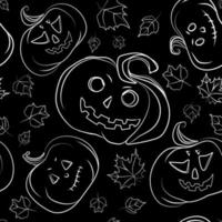 Halloween pumpkins seamless pattern,line art drawing sketch on black background,vector illustration.Pumpkins with falling autumn leaves seamless background vector