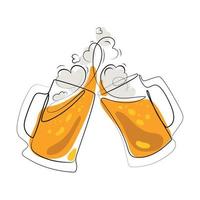 Two toasting beer mugs line drawing Minimal art vector isolated illustration on white, Cheers. Clinking glass tankards full of beer and splashed foam in the shape of hearts. Mugs with beer color image