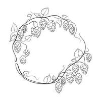 Hops round frame wreath branches with leaves, cones black and white Line drawing vector illustration sketch.Beer hops.hop ordinary branch.Design emblems,label,icon and more