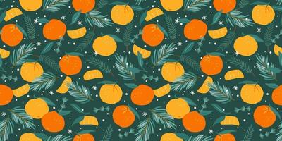 Christmas and Happy New Year seamless pattern. Christmas tree and tangerines. New Year symbols. Vector design template.