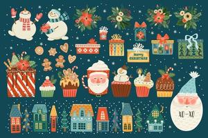 Christmas set of cute illusstrations with new year symbols. Vector design templates.