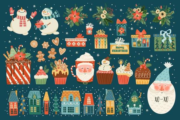 Christmas set of cute illusstrations with new year symbols. Vector design templates.