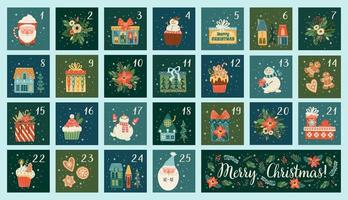 December advent calendar. Cute Christmas illusstrations with new year symbols. Vector design template.