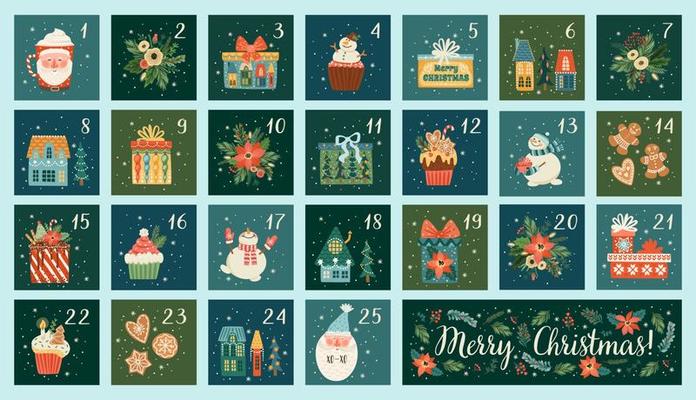 December advent calendar. Cute Christmas illusstrations with new year symbols. Vector design template.