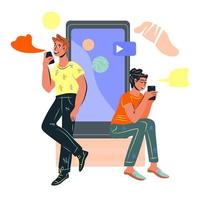 People communicating with smartphone a concept of mobile communication technology. Man and woman chatting and messaging on backdrop of mobile phone. Flat vector illustration isolated on white.