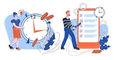 Set of business time and deadline schedule metaphors. Business people at background with giant clock and timetable. Time management, reminder and planning. Cartoon vector illustration isolated.