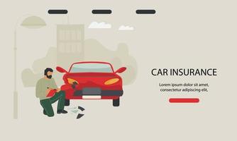 Car insurance service website banner template with agent filling out a car accident application form. An accident inspector examines vehicle damage. Flat vector illustration.