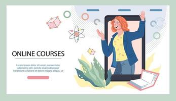 Online distance courses website banner or landing page template. Educational courses and remote electronic learning internet technology. Flat vector illustration.Adobe Illustrator Artwork