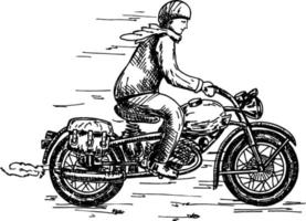 boceto retro de motociclista. motociclista montando una motocicleta, estilo vintage. vector